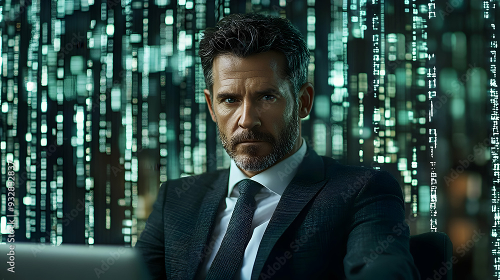 Aufkleber a man in a suit sits in front of a screen of falling code, looking intense.
