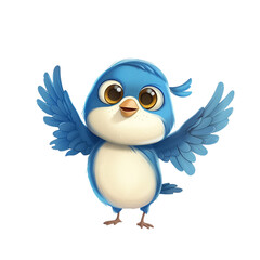 Obraz premium Cheerful Cartoon Bird with Blue Feathers and White Belly, Flapping Wings, Bold Lines, Vibrant Colors, PNG File