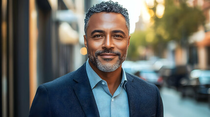 Fototapeta premium A mature man in a suit smiling outdoors with a blurred city background.