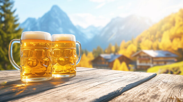 Zwei frisch gezapfte Bier vom Fass in den Bergen in Bayern
