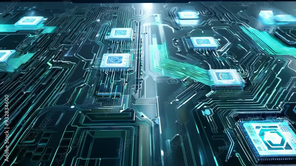 Poster exploring the intricate design of a circuit board with detailed microchips and connections