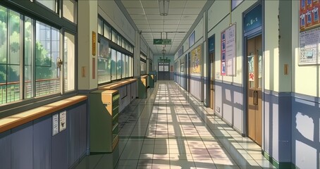 A peaceful anime school hallway with rows of lockers and sunlight casting long shadows on the tiled floor