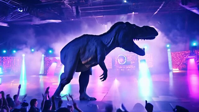 Dinosaur show featuring a life-sized Tyrannosaurus Rex in an indoor arena with colorful lights and an excited audience