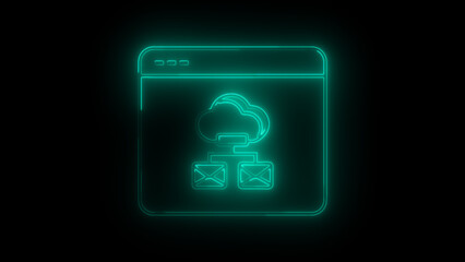 Neon Cloud Storage Icon - Glowing Cloud Computing Concept with Email Integration, Digital Data Transfer Symbol in Blue Light, Futuristic Technology Interface for File Sharing.