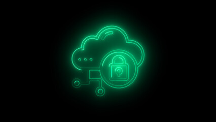 Neon Cloud Security Icon, Glowing Data Protection Symbol, Cloud Computing with Lock, Cybersecurity in Cloud Storage, Digital Safety Illustration
