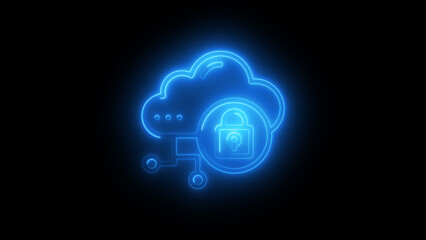 Neon Cloud Security Icon, Glowing Data Protection Symbol, Cloud Computing with Lock, Cybersecurity in Cloud Storage, Digital Safety Illustration