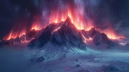 Naklejka premium Snowy Mountain Range with Aurora Borealis Illustration