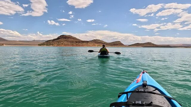 Mountain Lake summer recreation follow kayak woman. Southern Utah desert Quail Creek reservoir. Summer recreation on the water and State Park. Outdoor family fun in boat, kayaks and swimming. 
