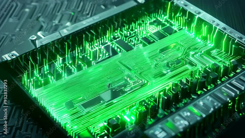 Aufkleber exploring the intricate details of a glowing circuit board in a tech workshop
