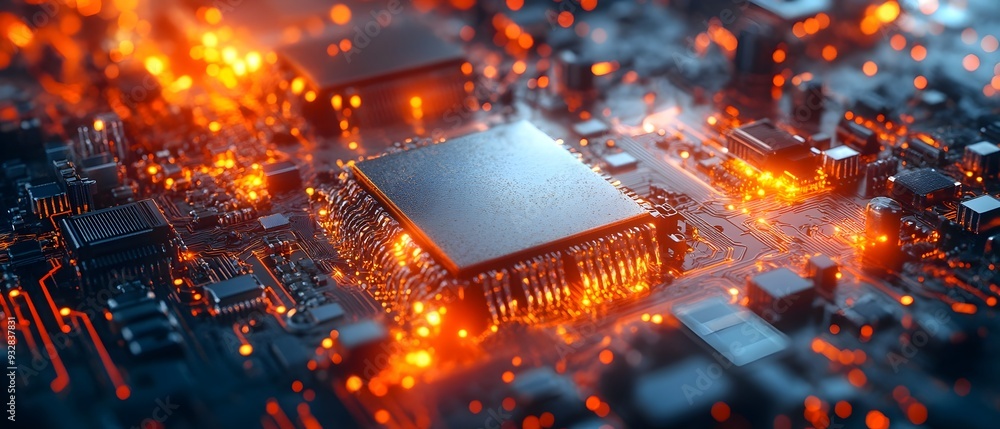Poster intricate electronic circuitry and microchips showcasing the of nanoscale science and technology in 