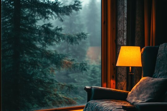 Cozy reading nook with a blanket, an open book, and a glowing lamp by a rainy window overlooking a misty autumn forest. Tranquil retreat concept.