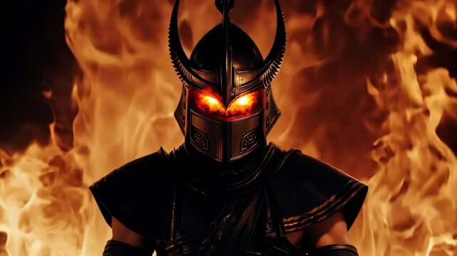 Mysterious warrior with glowing eyes amidst flames in a dramatic battle setting