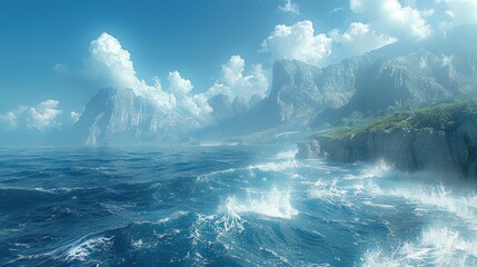 Fototapeta premium Majestic Rugged Coastline with Crashing Waves and Dramatic Cliffs Under a Vibrant Blue Sky with Puffy Clouds