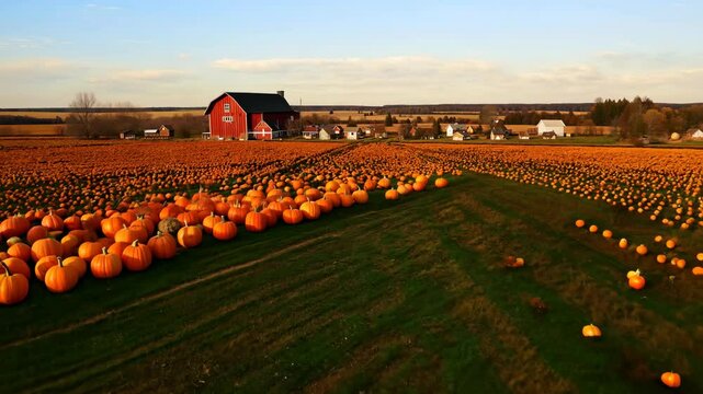Pumpkin patch tour in a rural field near a red barn during autumn