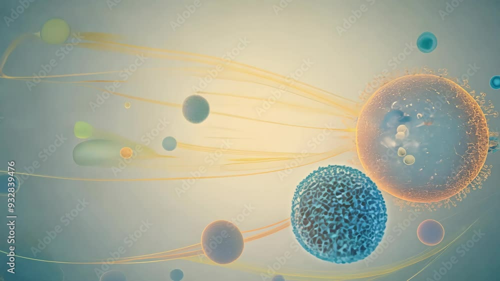 Poster colorful microorganisms floating in a fluid environment under a microscope