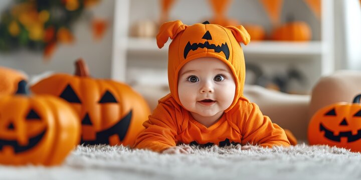 Smiling baby in an orange hooded outfit lying on the floor with a carved Jack-O'-Lantern in front. Cozy Halloween night concept.