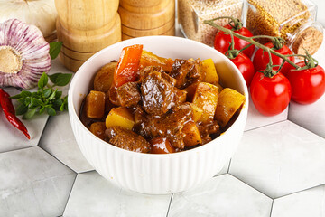 Homemade beef hungarian goulash with potato