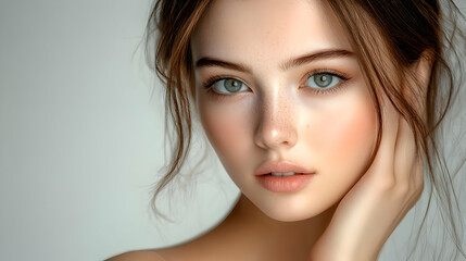 Fototapeta premium Close up portrait of a young woman with freckles and blue eyes.