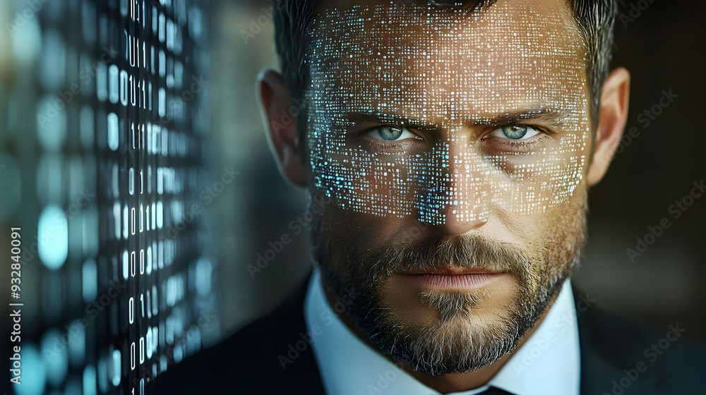 Poster close-up of a man's face with digital code overlay.