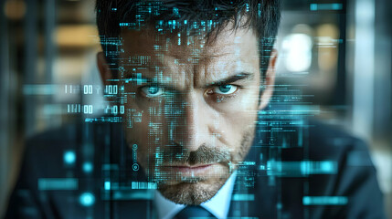 Close-up of a man's face with blue digital code overlayed.