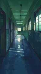 Fototapeta premium The hallway of an anime school features wet tiles reflecting light as sunlight streams through the windows, creating a tranquil atmosphere