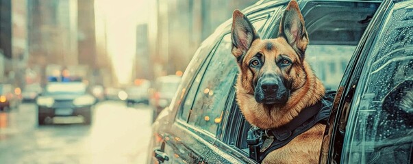 A loyal German Shepherd peeking out of a car window, capturing the essence of urban adventures and companionship.