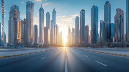 A wide, empty road leads into a vibrant urban skyline of towering skyscrapers, symbolizing progress, modernity, and urban expansion.