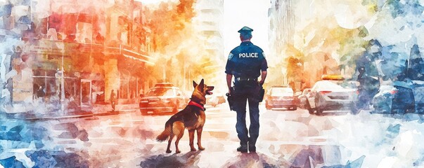 A police officer and his dog patrol a vibrant city street, highlighting the bond between law enforcement and working animals.