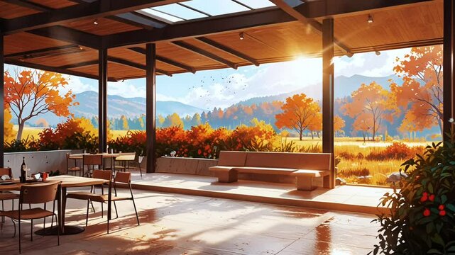 Modern resort interior with beautiful autumn atmosphere, looping video with 4K animation.