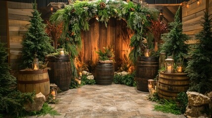 Rustic Wedding Ceremony Decor with Wooden Barrels and Greenery