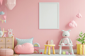 A whimsical colorful natural pink wall interior blank photo frame in a child toy elements, 3d render