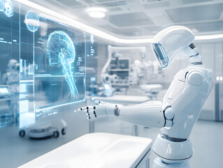 AI-Powered Medical Robot Analyzing Brain Data in High-Tech Laboratory Environment