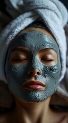 A woman lies back with a grey clay mask on her face, enjoying a relaxing spa treatment in a tranquil setting