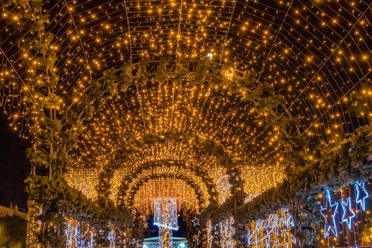 Colorful Christmas star lights decoration, Nice, Cote d'Azur, France.