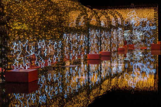 Colorful Christmas star lights decoration, Nice, Cote d'Azur, France. Buoni Calena in French means Happy Christmas