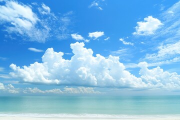Serene beachscape with fluffy clouds tranquil ocean