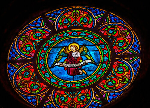 Angel stained glass, Basilica Notre-Dame De Nice, Cote d'Azur, France. Constructed 1860's