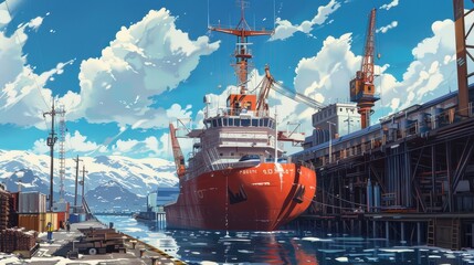 Obraz premium A large red ship is moored at a busy dock as cranes and cargo containers fill the bustling harbor area under a bright sky