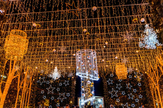 Colorful Christmas star lights decoration, Nice, Cote d'Azur, France.