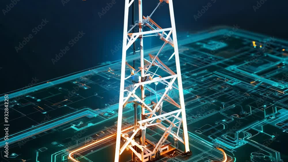 Poster digital network tower illuminated on a circuit board during nighttime operations
