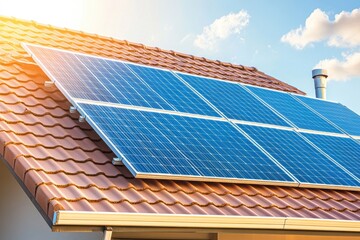 Solar panels on residential roof blue sky