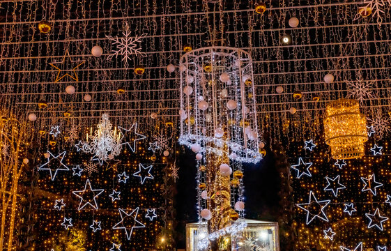 Colorful Christmas star lights decoration, Nice, Cote d'Azur, France.
