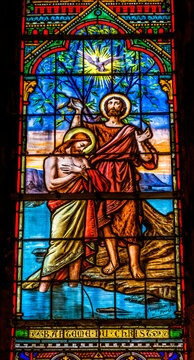 Jesus Baptism John the Baptist stained glass, Basilica Notre-Dame De Nice, Cote d'Azur, France. Constructed 1860's by Charles Champigneulle.