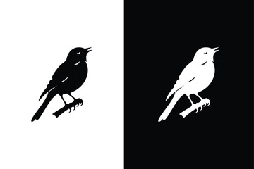 Bird On Branch silhouette. Bird icon logo on white black background.