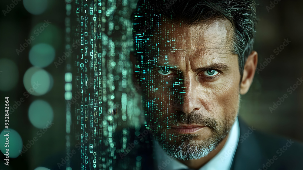Poster close-up portrait of a man with a serious expression, his face partially obscured by a digital code 