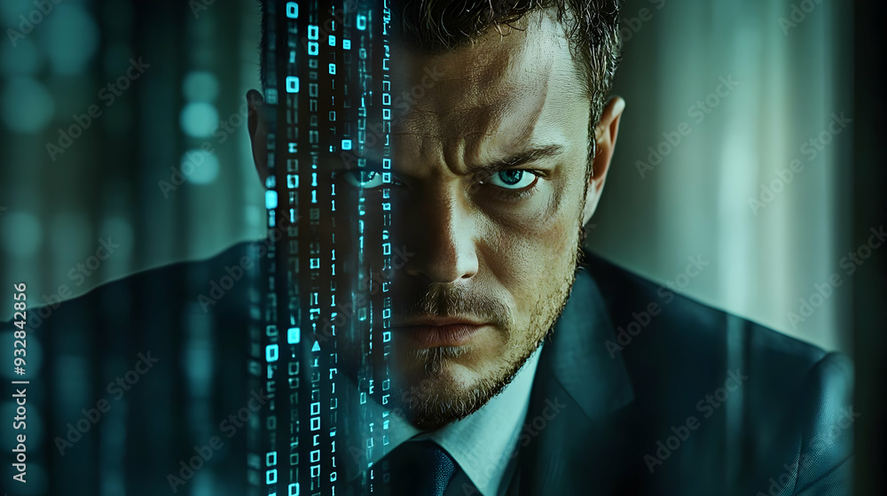 Aufkleber close-up portrait of a man with blue eyes looking intensely at the camera. digital code flows across