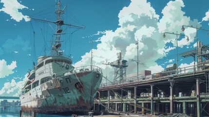 Fototapeta premium A large, detailed ship is moored at the dock as clouds drift overhead in a serene afternoon sky