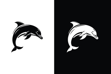 Dolphin icon illustration. Jumping dolphin sea animal symbol black white