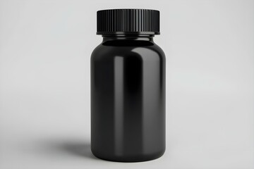 Black Plastic Bottle Mockup for medicine, tablets, pills, realistic packaging box template 3d rendering isolated on light background.