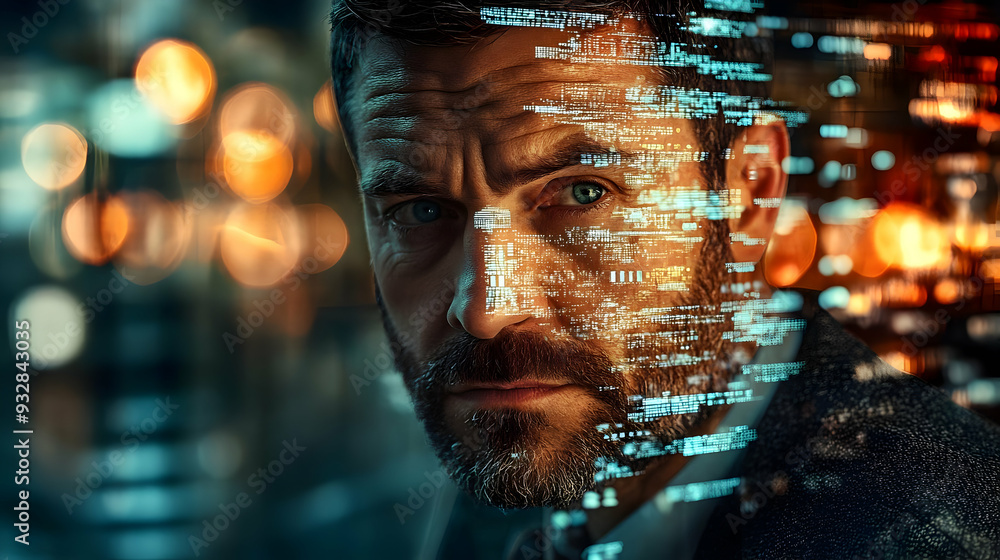 Poster close-up portrait of a man's face with digital code overlay, looking at the camera with a serious ex